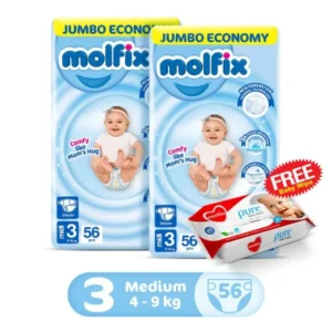 Molfix Pack Of 2 3D Jumbo Pack (56Pcs) Midi Size 3 + 1 FREE MECHICO WIPES (60Pcs)