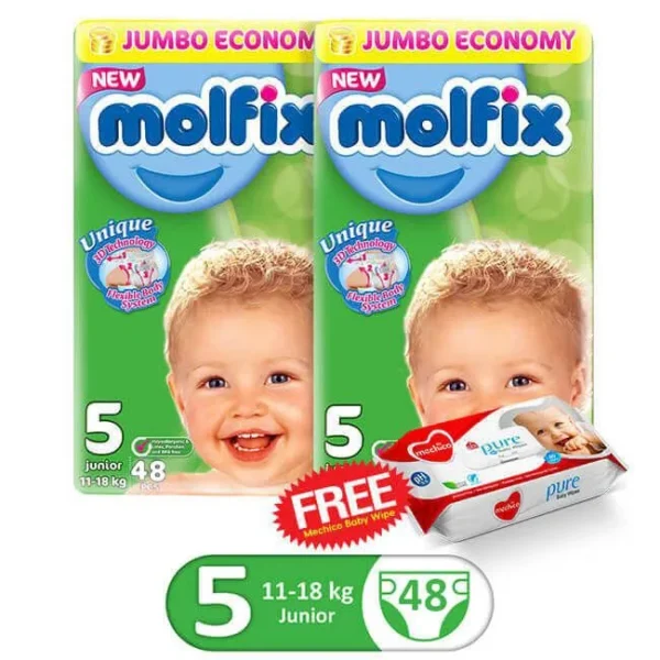 Molfix Pack Of 2 3D Jumbo Pack Junior (48Pcs) Size 5 + 1 FREE MECHICO WIPES (60Pcs)