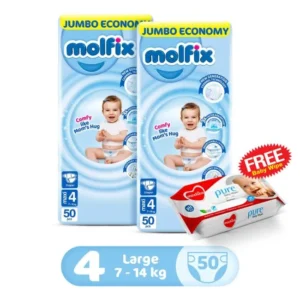 Molfix Pack Of 2 3D Jumbo Pack Maxi Size 4 (50Pcs) + 1 FREE MECHICO WIPES (60Pcs)