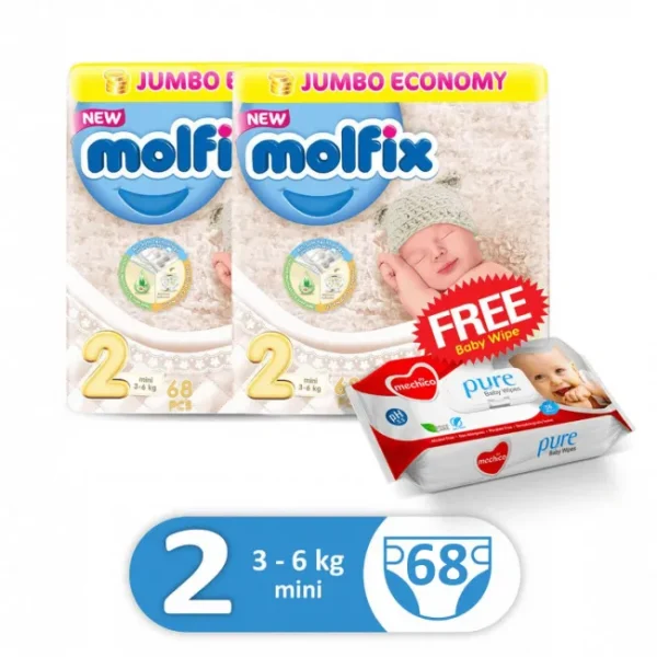 Molfix Pack Of 2 3D Mini (68Pcs) Jumbo Size 2 + 1 FREE MECHICO WIPES (60Pcs)